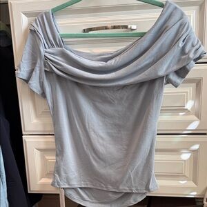 Soft Light Blue Off-Shoulder Draped Short Sleeve Top